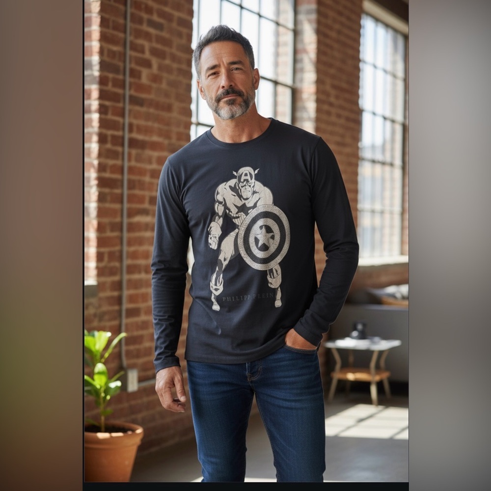 Rare Philipp Plein + Marvel Black Graphic Long Sleeve Shirt